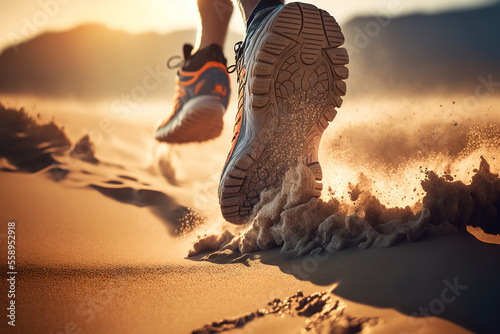 Action of the runner is perform endurance running on sand ground with morning sunlight, extreme sport activity scene. Generative Ai image.