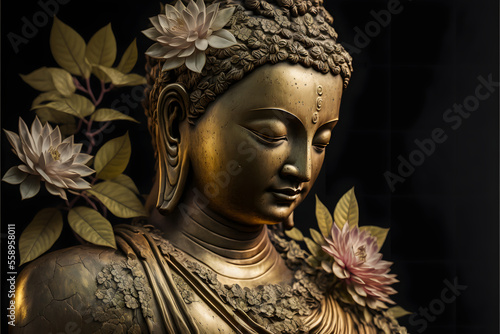 golden buddha statue with flower, dark simple background, dark background, simple illustration digital generative ai design art style