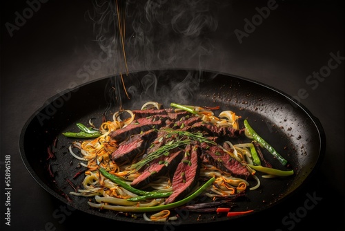  a wok with some steak and vegetables cooking in it on a black surface with steam rising from it and a spoon in the wok with some stir frying liquid coming out of it. Generative AI
