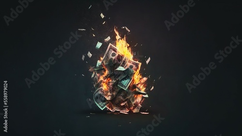 Pile of burning dollar banknotes, Generative AI