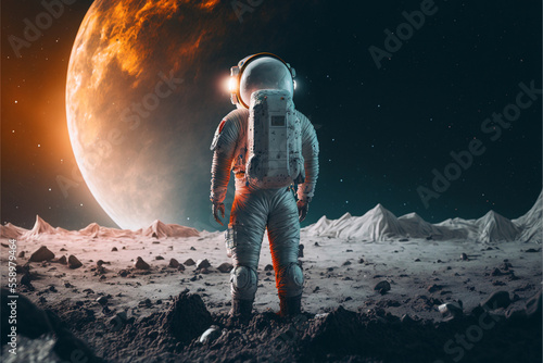 Astronaut looks at the planet, travel to another planet, art, ai generation