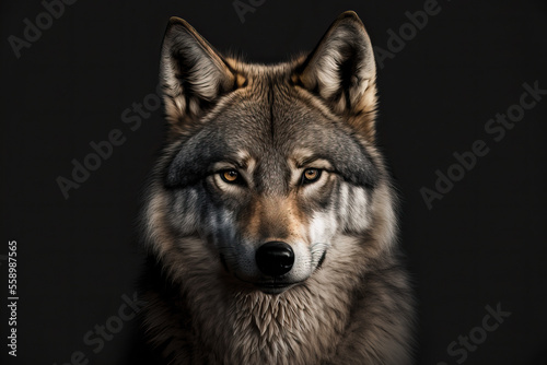 Portrait of adult wolf on black background, generative ai
