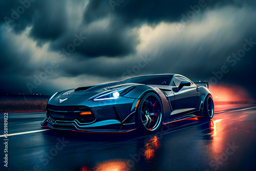 Futuristic sports car on drak dramatic cloudy environment. car riding on high speed in the night. Generative AI.