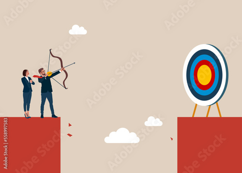 Business target goals. Forced to successful. Man standing on cliff with archer in hand. Shooting target with bow, arrow. Modern flat vector illustration.