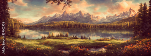 The majestic landscape of a forest with a lake surrounded by mountains is a breathtaking and awe-inspiring sight. Generative AI