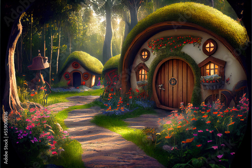 Wood houses in fantasy forest, fairy tale village in summer