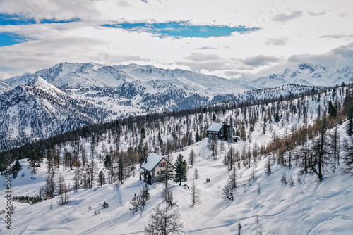 Overview Claviere ski resort in Piedmont in the Alps on the border between Italy and France.