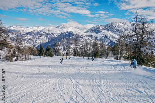 Overview Claviere ski resort in Piedmont in the Alps on the border between Italy and France.