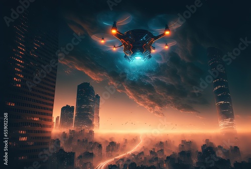 illustration close up drone, take flight over urban city with sunlight shine from behind, cityscape as background
