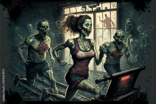 Zombies run the 100m run at the world championship, concepts of doping and cheating in sports, very fast zombies, zombie and people living together, created with Generative AI technology