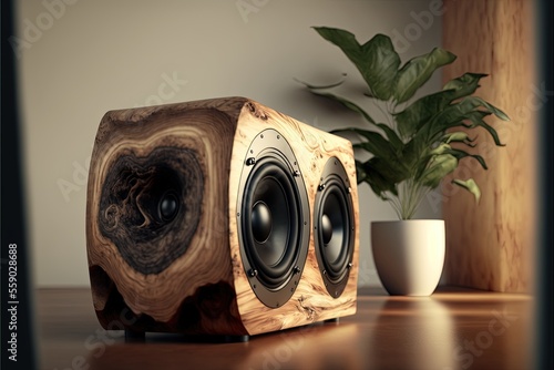 Solid wood design speaker system for home entertainment. Generative ai illustration for lovers of sound and design.