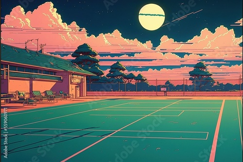 japanese animation style, ai generated a tennis court at sunset