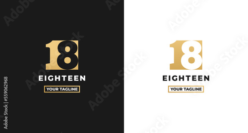 Number 18 logo or Logo Number 18 isolated on white and black background. Logo Number 18 elegant. Suitable for brand logos or products with the brand name fifteen. Number 18 logo simple gold color.