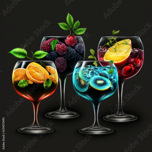 Wyniki tłumaczenia Tłumaczenie drinks in different glasses of colors on a black background realistic details