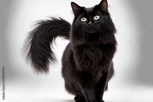 An attractive young adult solid black Balinese or Oriental Longhair cat is standing or stretching to the side. captivating emerald eyes gazing forward. Generative AI