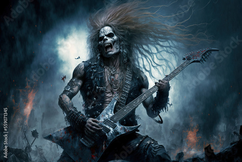 Heavy metal fantasy guitar player. AI