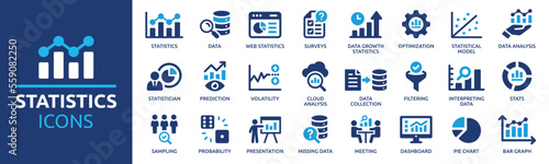 Statistics icon set. Containing data, web statistics, survey, prediction, presentation, cloud analysis and pie chart icons. Solid icon collection.