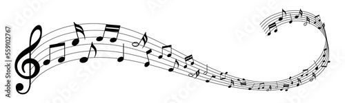 Musical note wave. Music notes melody on white background. Sheet music notes of tune bass and treble.