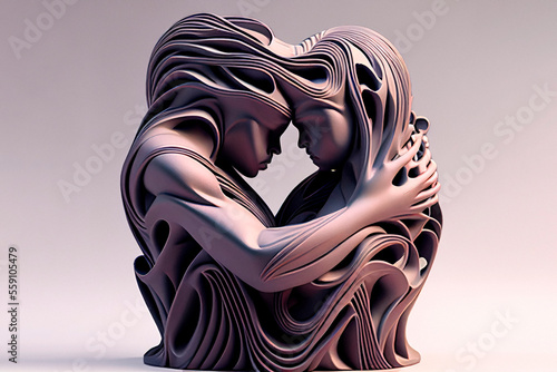 Abstract sculpture of two people becomming one. Romance and loving, generative AI