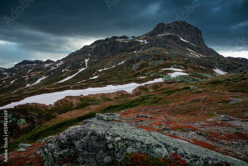 Mountain landscape with summit of Bitihorn in Jotunheimen National Park with red moss and dark cloudy sky in Norway