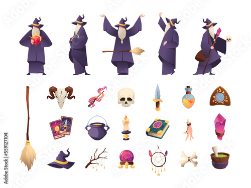 Magician tools. Various old wizards characters cartoon style, mystery sorceress witchcraft with magic occult mystic fantasy elements. Vector set of magician magic illustration
