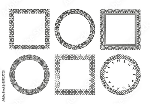 Nordic rune frames. Set of scandinavian futhark decorative borders with runic symbols, ornamental celtic viking north traditional motif. Vector collection of nordic viking frame illustration