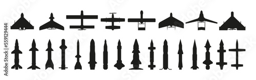 Missiles silhouette. Military guided aircraft weapon with warheads, black army munition, flying explosive missilery flat style. Vector collection of missile silhouette, rocket technology illustration