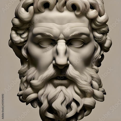 Generative AI image featuring a chiseled white marble statue bust of Greek god Zeus also known as the Roman god Jupiter, god of thunder and the king of gods on Mount Olympus in ancient Greek Mythology