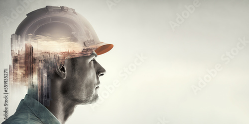 Future building construction engineering project devotion with double exposure graphic design. Building engineer, architect people or construction worker working with modern technology. Generative AI.