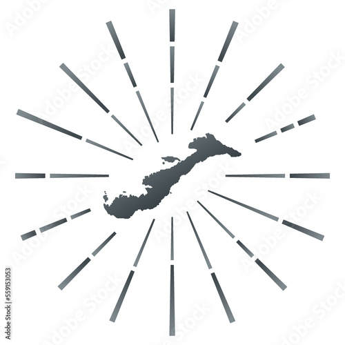 Amorgos gradiented sunburst. Map of the island with colorful star rays. Amorgos illustration in digital, technology, internet, network style. Vector illustration.