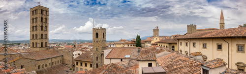 A cloudy day in Arezzo: a view of the city's bell towers, towers, and roofs from the Confraternita dei Laici tower