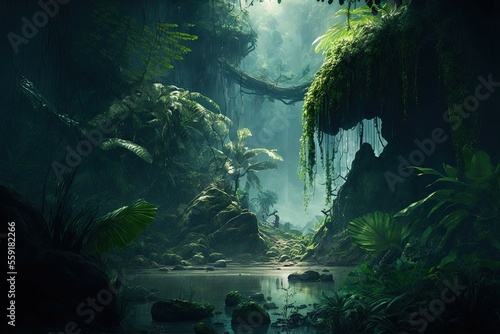 Magical jungle landscape at night, tropical fantasy jungle forest scenery, generative ai