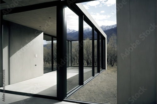 a room with a view of mountains and trees in the background and a door leading to a room with a view of a mountain range in the distance with a sky and a door open., generative ai