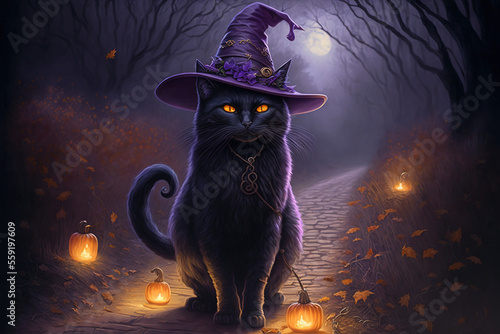 Black cat wearing a witch hat on a cobblestone path with lighted pumpkins in fall Generative AI