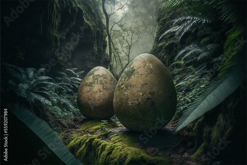 Dinosaur eggs in the jungle.