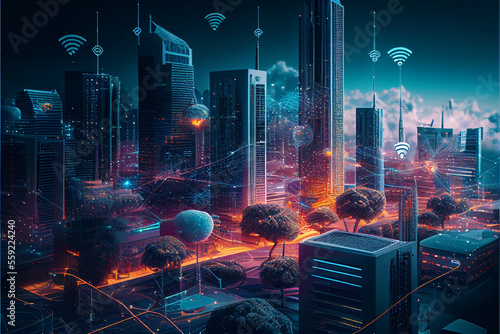 Modern concept of urban landscape and communication network. high-speed internet connection visualized as cables linking up in a spectacular futuristic and cyberpunk cityscape with skyscrapers..