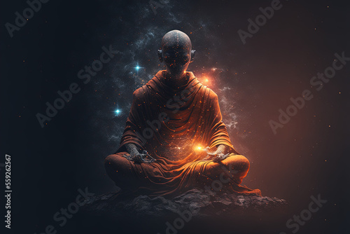 monk meditating and wearing a dark orange rob