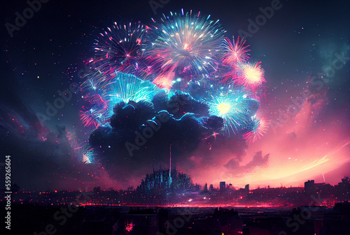 Fireworks festival in New year celebration event with city and ocean river or sea background. Generative AI