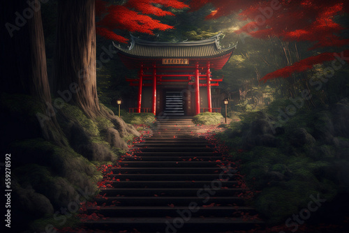 In front of the stairs leading up to the red Japanese shrine in the deep forest, a big tree, red leaves fall on the stairs With Generative AI