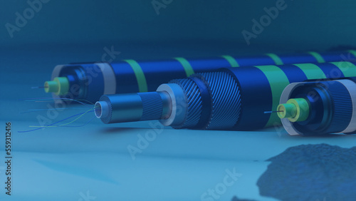 Submarine cable, power cable high voltage in the seabed. 3d render.