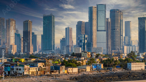 The Mumbai skyline is known for its towering skyscrapers and iconic landmarks.