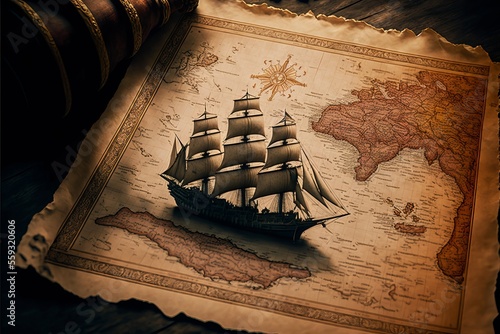 Old navigation map used by conquistador. Illustration generated by AI.