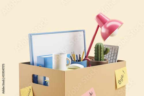 Cardboard box with office supplies of an employee