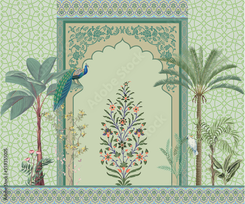 Traditional mughal arch, moroccan border, plants, tree, peacock colorful decorative frame