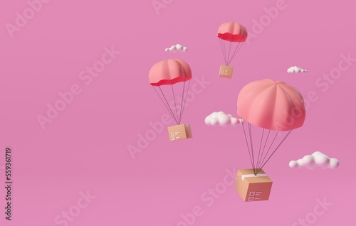 A pink parachute leapt down as it fluttered in the air as white clouds flew. 3d parachute design concept on pink background Air transport. 3d illustration