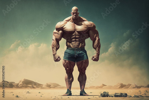  Body Builder man with huge muscles standing shirtless in a desert. generative AI