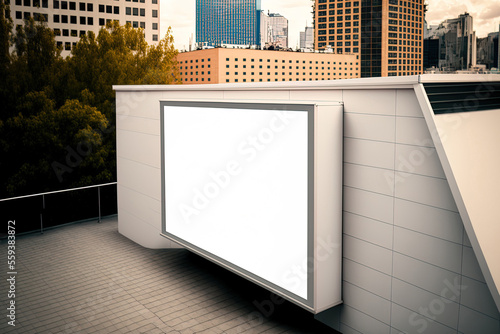 A mock up of an empty large poster on the roof of a shopping center, a white template placeholder of an advertisement on the roof of a contemporary building surrounded by trees, and a blank mock up of
