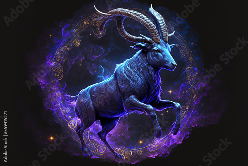 Graphic of goat. capricorn horoscope sign in twelve zodiac with galaxy background. (ai generated)