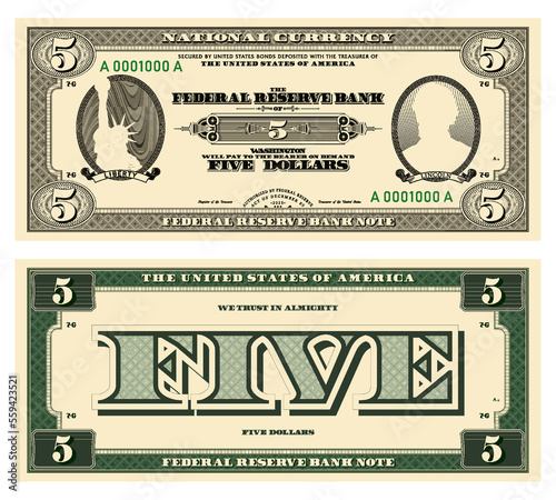 Vector new 5 dollars banknote. Obverse and reverse of US paper money in retro style with ovals. Ribbons with inscriptions, Liberty and Lincoln.