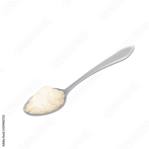 Spoon with flour vector illustration. Cartoon metal tablespoon with wheat flour pile for making dough and baking bread, cake in bakery and home kitchen, food ingredient to add to meal recipe
